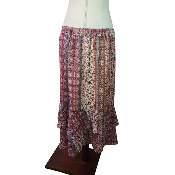 Loft Tan Orange Pink Brown Tiered Ruffle BOHO Maxi Skirt NEW Large - Picture 2 of 5
